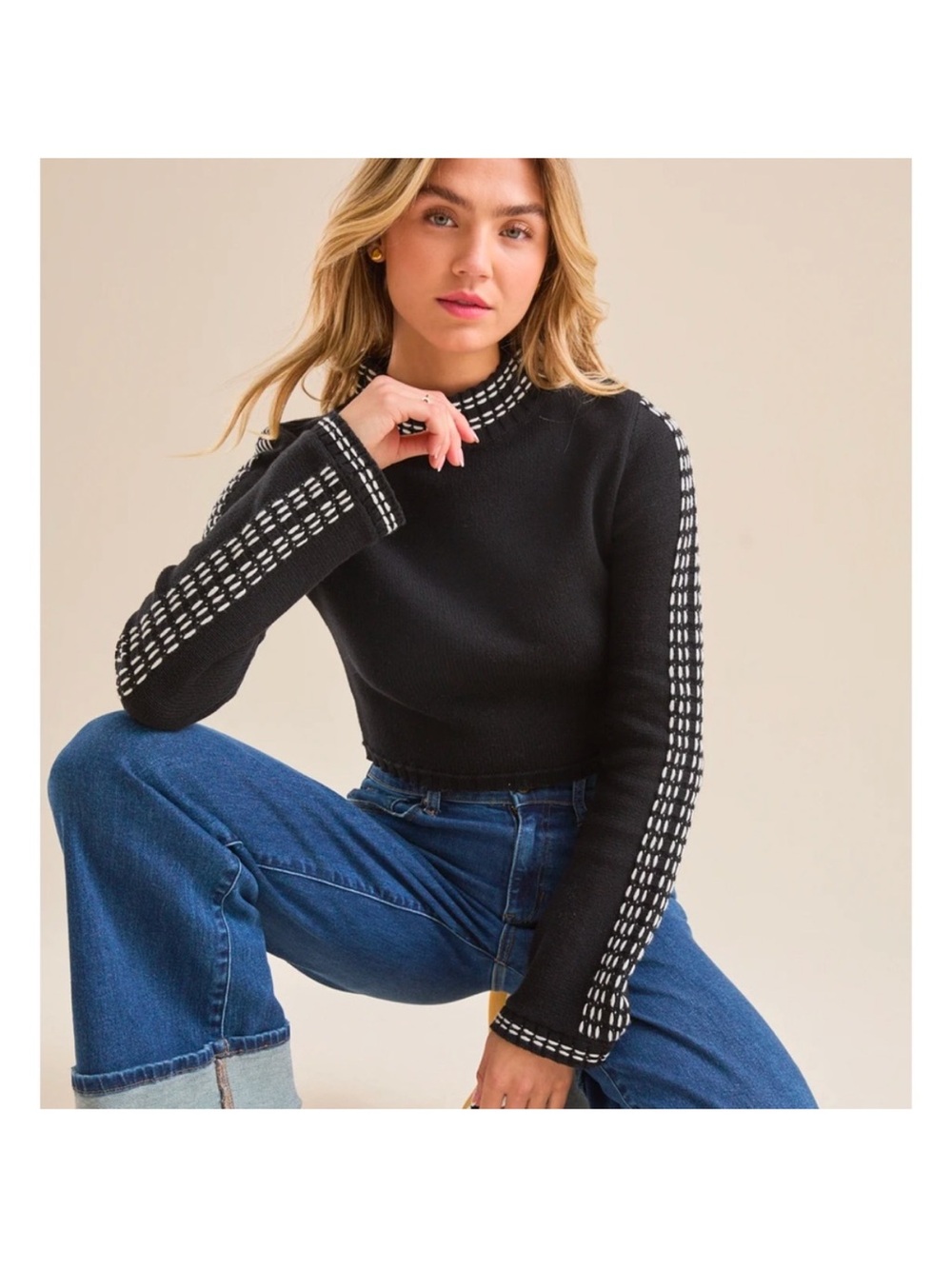Altar'd State Black Cropped Long Sleeve Knit Top with White Contrast Stitching
